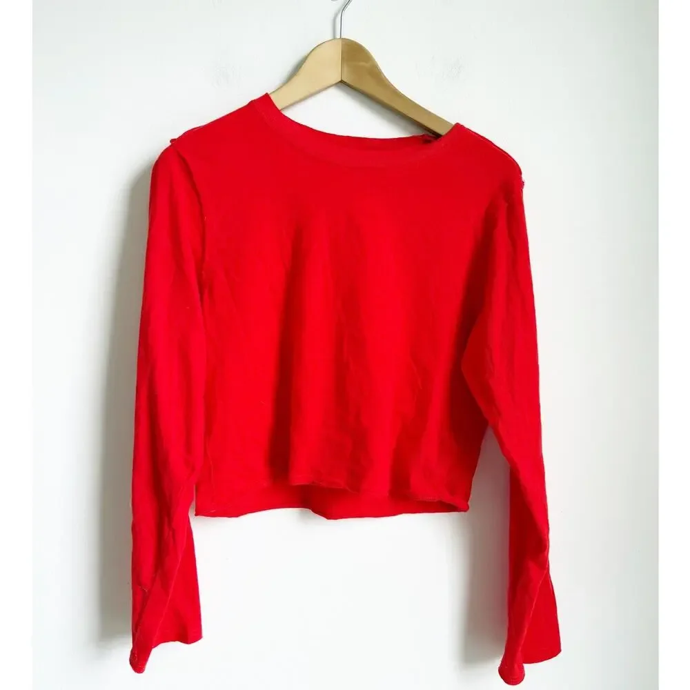NEW Free People Cropped Red Orange Long Sleeve Tee Small